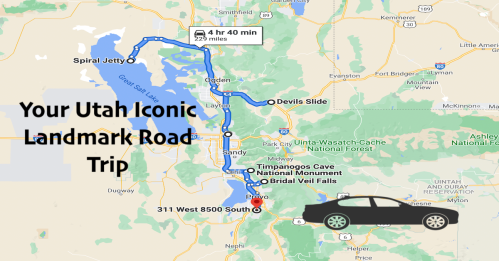 Map showing a road trip route in Utah, highlighting landmarks like Spiral Jetty, Devils Slide, and Timpanogos Cave.