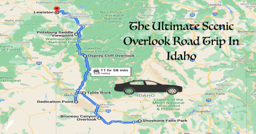Map of a scenic road trip in Idaho, highlighting key overlooks and destinations with a route from Lewiston.