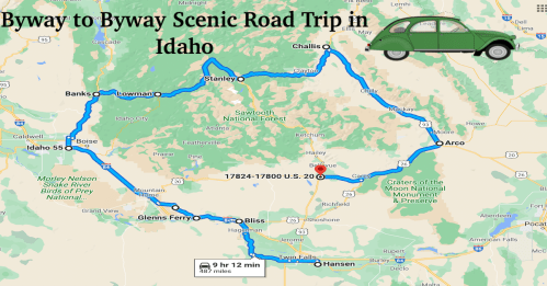Map of a scenic road trip in Idaho, highlighting the route from Banks to Arco, covering 489 miles in 9 hours and 12 minutes.
