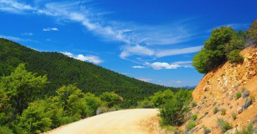 A winding dirt road curves through lush green hills under a bright blue sky with scattered clouds.
