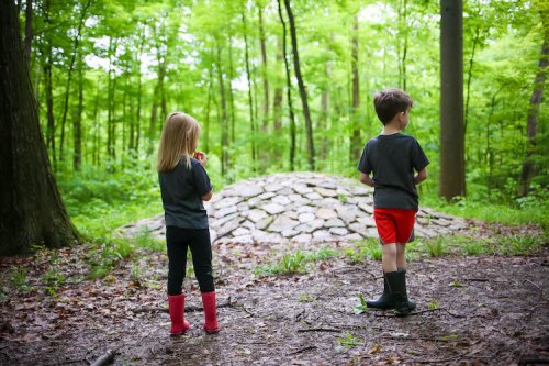 Two children stand in a lush green forest, facing away from the camera, near a stone mound.