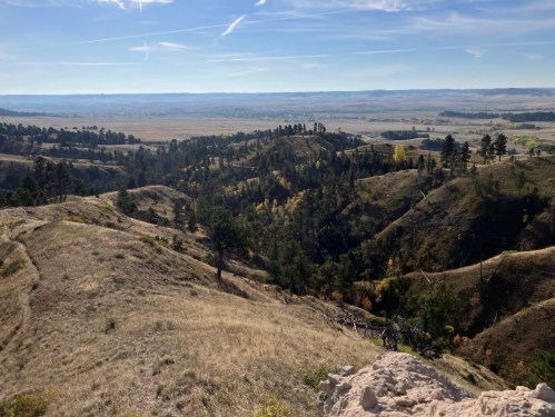 A panoramic view of rolling hills and valleys, with scattered trees and a clear blue sky in the background.