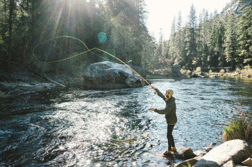 A person fly fishing in a river surrounded by trees and rocks, casting a line into the sparkling water.