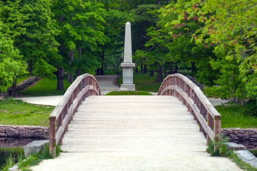 A wooden bridge leads to a stone obelisk surrounded by lush green trees in a serene park setting.
