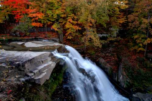 A serene waterfall cascades over rocks, surrounded by vibrant autumn foliage in shades of orange and yellow.