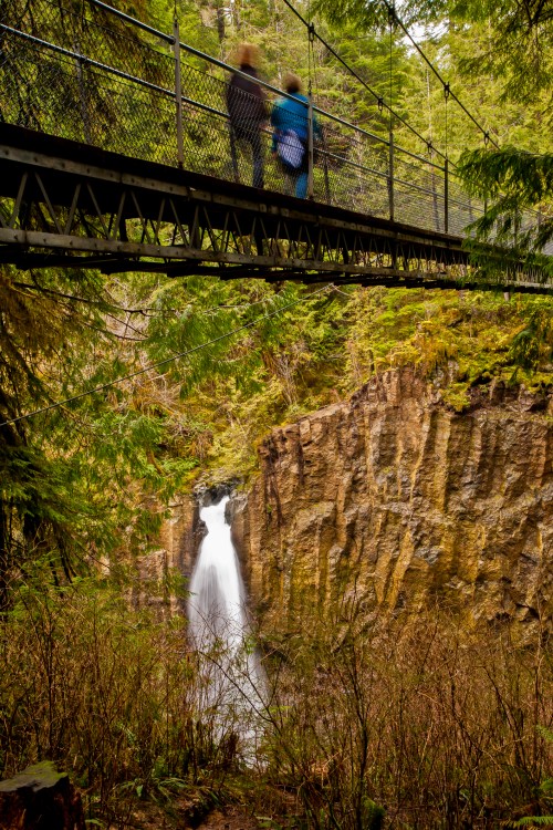A suspension bridge above a waterfall, with two blurred figures walking across, surrounded by lush greenery.