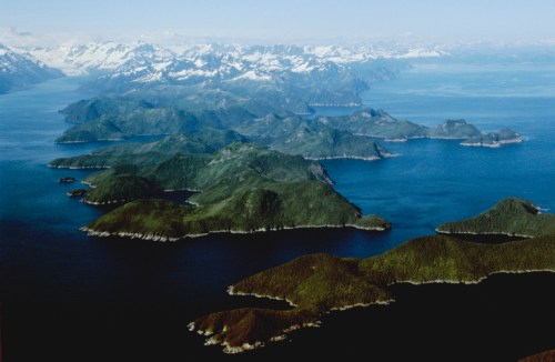 Aerial view of lush green islands surrounded by blue water and snow-capped mountains in the background.