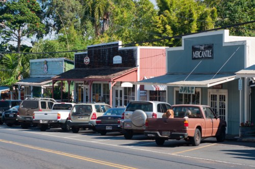 A row of colorful storefronts with parked cars along a tree-lined street in a small town.