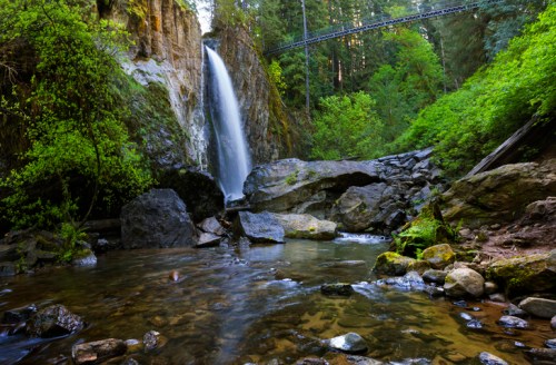 A serene waterfall cascades over rocks, surrounded by lush greenery and a wooden bridge in the background.