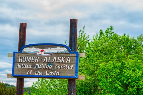 Sign for Homer, Alaska, reading "Halibut Fishing Capital of the World," surrounded by greenery and a cloudy sky.