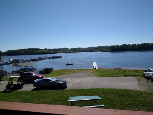A serene lake view with docks, boats, and parked cars under a clear blue sky. Green grass in the foreground.