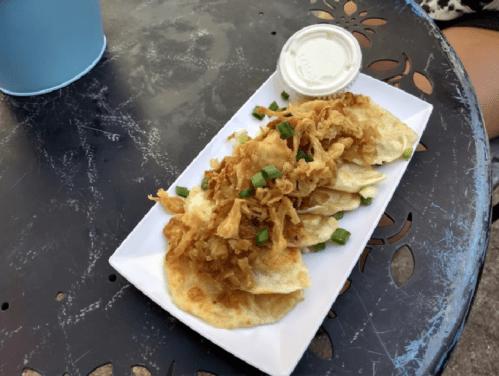 A plate of crispy tortilla chips topped with fried onions and green onions, served with a small cup of sauce.