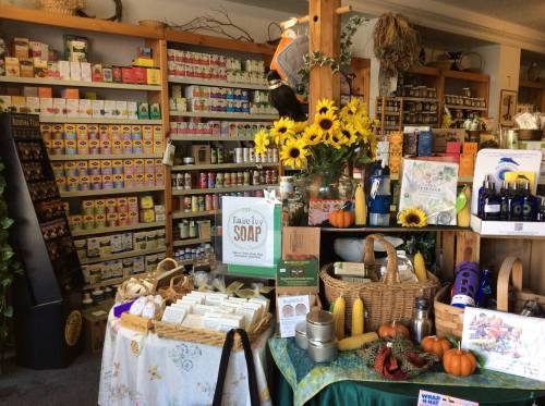 A cozy shop interior filled with herbal products, colorful shelves, sunflowers, and baskets of natural goods.