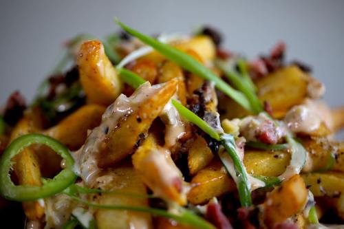 A close-up of crispy fries topped with green onions, sauce, and bits of meat, creating a colorful and appetizing dish.