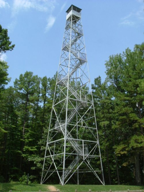 A tall metal observation tower surrounded by lush green trees under a clear blue sky.