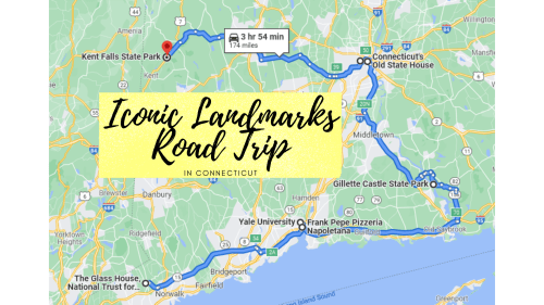 Map of a road trip route through Connecticut, highlighting iconic landmarks and parks.