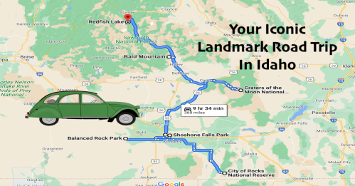 Map of an iconic road trip in Idaho, featuring landmarks like Redfish Lake and Craters of the Moon, with a vintage car illustration.