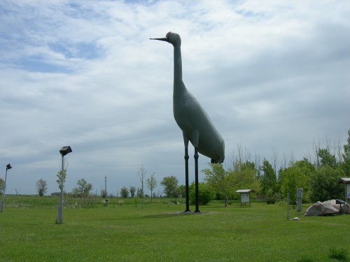 A large metal sculpture of a crane stands on green grass under a cloudy sky, surrounded by trees and informational signs.
