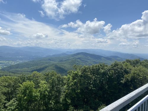 A panoramic view of lush green mountains under a partly cloudy sky.