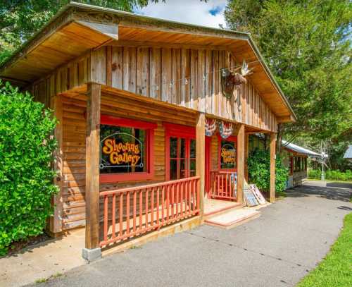 A rustic wooden building with a sign reading "Shooting Gallery," surrounded by greenery and a clear blue sky.