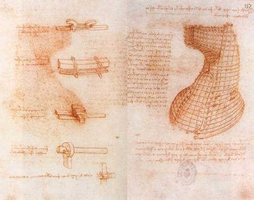 Sketches of mechanical devices and a ship's hull design by Leonardo da Vinci, featuring detailed annotations.