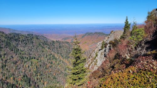A panoramic view of colorful autumn foliage on mountains under a clear blue sky.