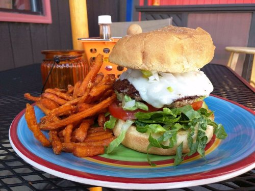 A juicy burger with lettuce, tomato, and cheese, served with a side of crispy sweet potato fries on a colorful plate.