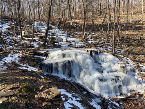 A frozen waterfall cascading down a rocky slope, surrounded by bare trees and patches of snow.