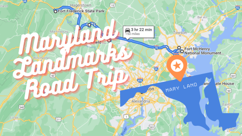 Map highlighting a road trip route through Maryland landmarks, showing travel time and distance.