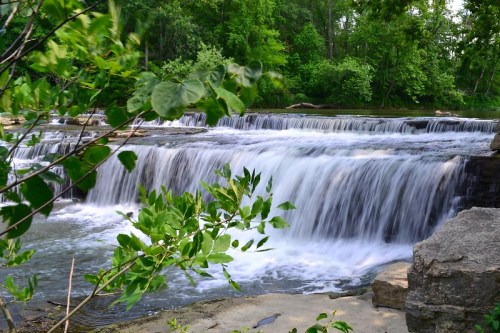A serene waterfall cascades over rocks, surrounded by lush green trees and foliage.