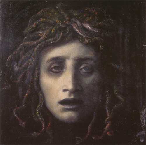 A haunting portrait of a woman with snake-like hair, conveying a sense of despair and intensity.