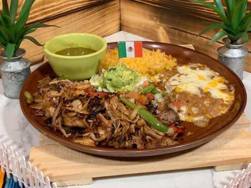 A colorful plate of Mexican food featuring grilled meats, rice, beans, guacamole, and a green sauce, garnished with plants.