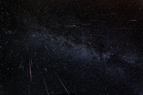 A starry night sky filled with streaks of light, resembling meteor showers against a backdrop of stars and the Milky Way.
