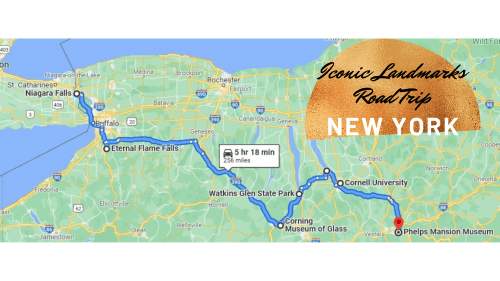 Map showing a road trip route through New York, highlighting landmarks like Niagara Falls and Watkins Glen State Park.