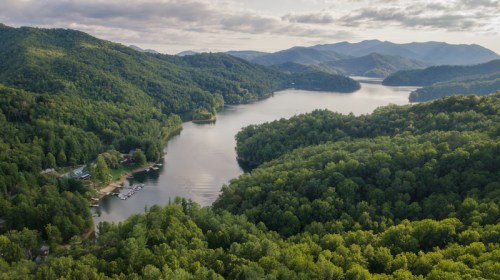 Aerial view of a serene lake surrounded by lush green mountains and trees under a cloudy sky.
