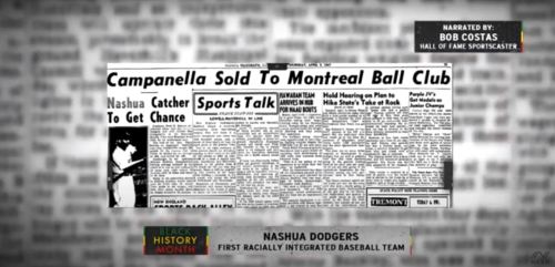 Historic newspaper headline about Campanella's sale to Montreal, featuring the Nashua Dodgers, the first racially integrated team.