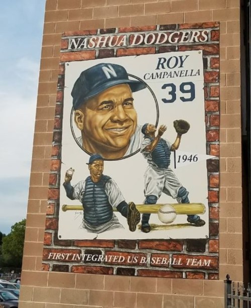 Mural of Roy Campanella, featuring his portrait and baseball scenes, honoring the Nashua Dodgers, 1946.