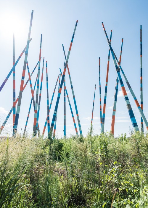 Colorful, tall poles rise from a grassy field under a clear blue sky, creating a striking visual contrast.