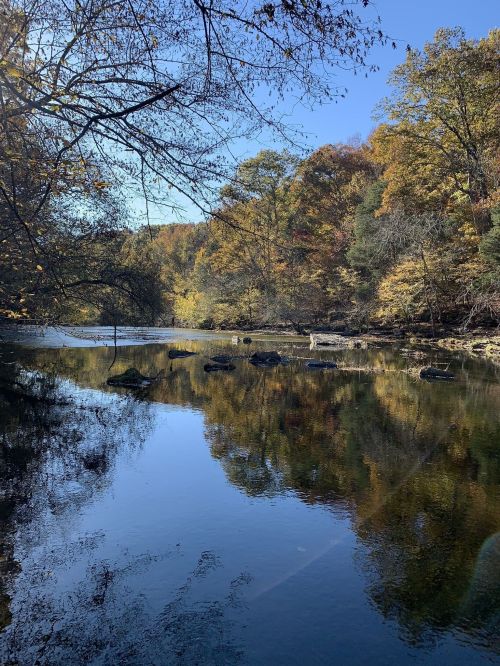 A serene river scene reflecting autumn trees under a clear blue sky. Rocks are visible in the calm water.