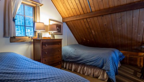 Cozy bedroom with two twin beds, wooden walls, a dresser, and a window letting in natural light.