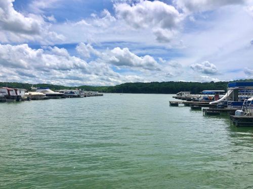 A serene marina with boats docked on calm water, under a partly cloudy sky and lush green hills in the background.
