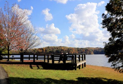 A serene lakeside scene with two people sitting on a wooden deck, surrounded by trees and a clear blue sky.