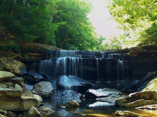 A serene waterfall cascades over rocks, surrounded by lush green trees and a tranquil pool below.