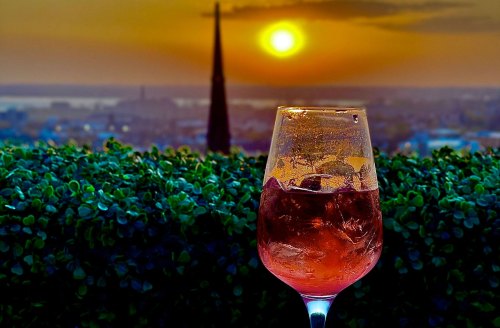 A glass of cocktail sits in front of a sunset over a city skyline, with greenery in the foreground.