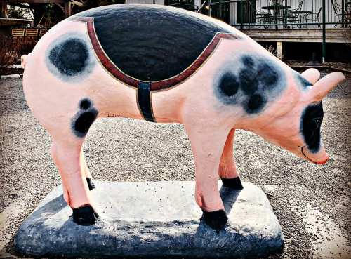 A painted pig statue with black spots, standing on a gray base, set against a blurred outdoor background.
