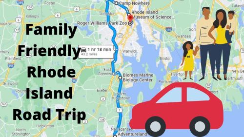 Map highlighting a family-friendly road trip in Rhode Island, featuring a red car and icons of a family.