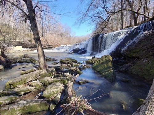A serene waterfall cascades over rocks, surrounded by bare trees and a clear blue sky.