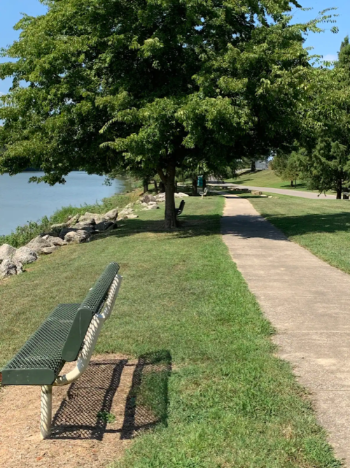 A peaceful park path lined with trees, a bench, and a view of the water in the distance.