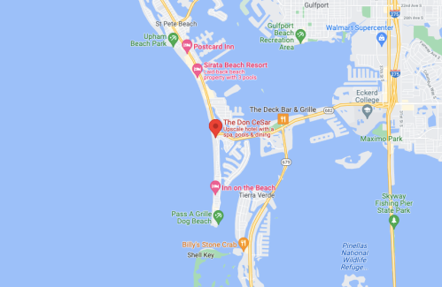 Map showing the location of The Don CeSar hotel near St. Pete Beach, Florida, with nearby landmarks and roads.