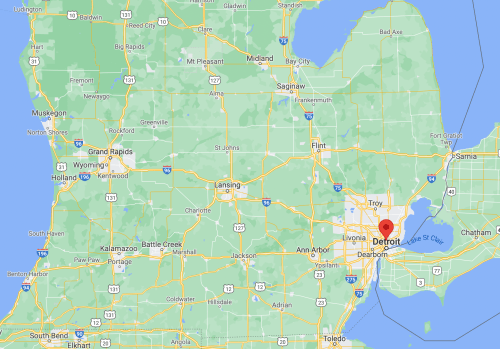 Map of Michigan highlighting Detroit with nearby cities and geographical features.